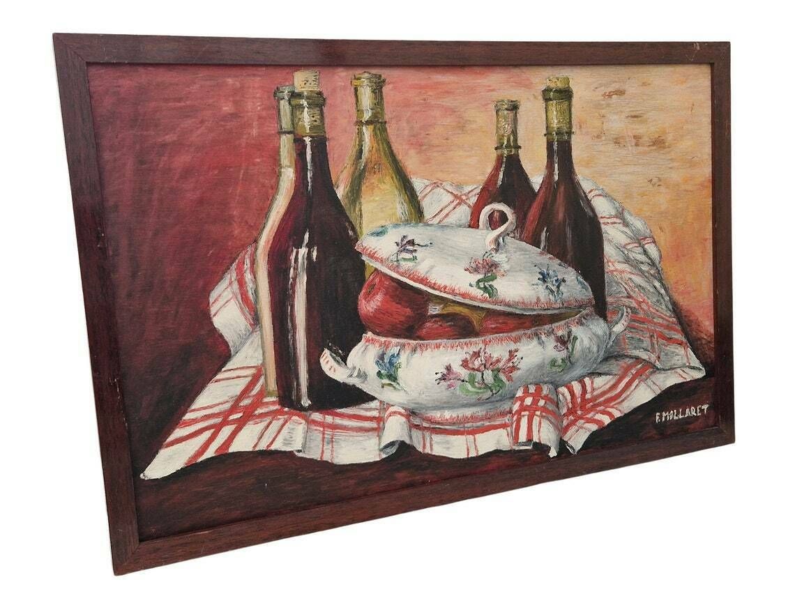 French Wine Bottle And Soup Tureen Still Life Painting, Rustic Home And Kitchen Wall Art, Framed And Signed F Mollaret photo furniture