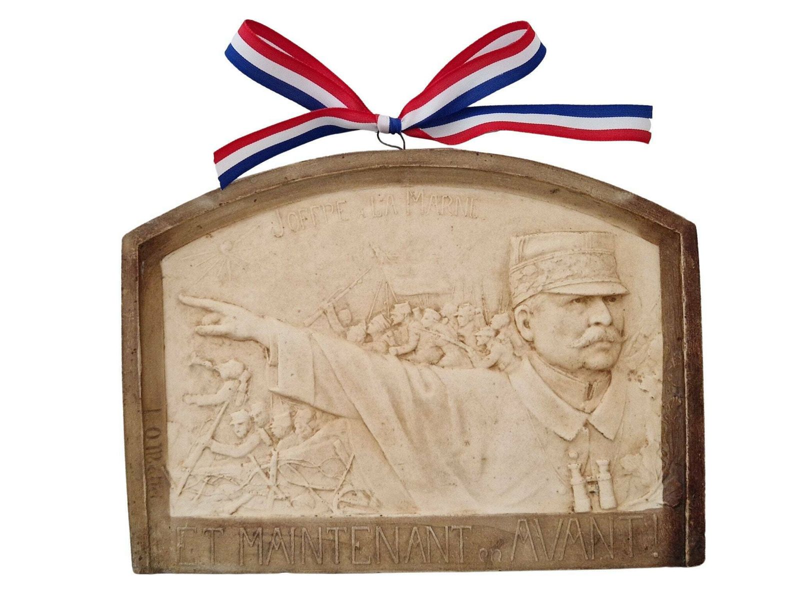 Ww1 French Militaria Chalkware Wall Hanging Plaque With Marshall Joffre Portrait By Louis Octave Mattei, Souvenir Of Battle Of The Marne
