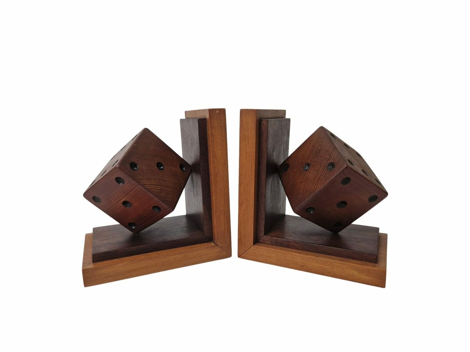 Art Deco Houten Boekensteun Met Dobbelstenen, Frans Kantoor  En Bureauaccessoire – Set Van Twee