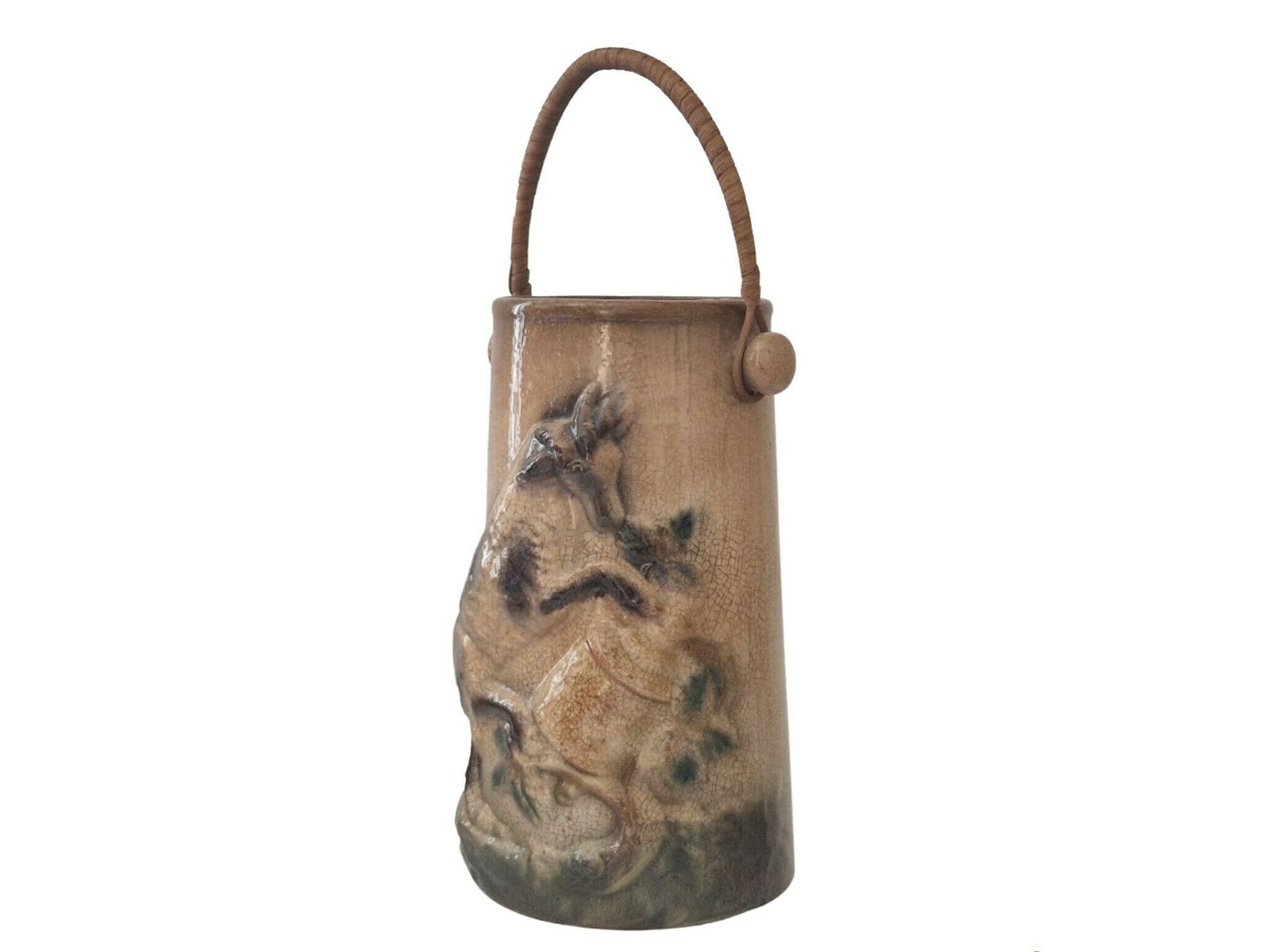 Antique French Majolica Milk Pail Can With Goat Figure, Rustic Country Kitchen Decor photo furniture