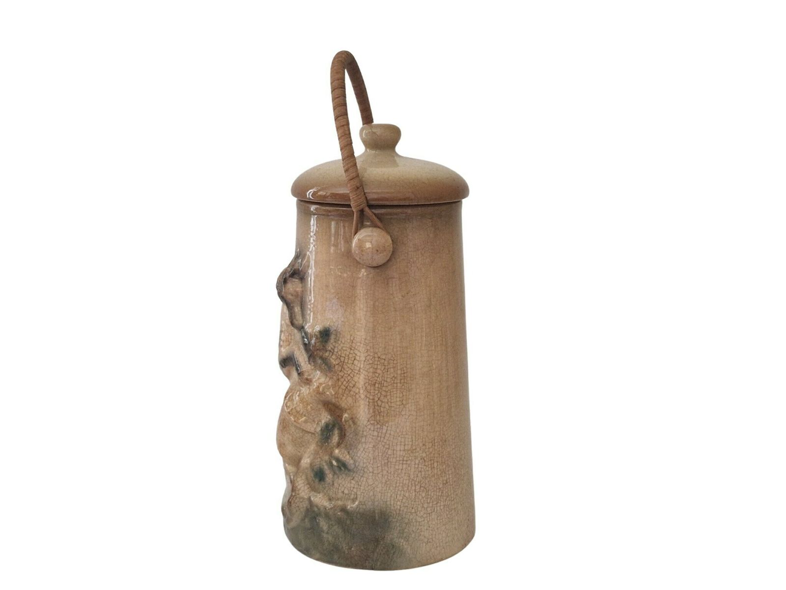 Antique French Majolica Milk Pail Can With Goat Figure, Rustic Country Kitchen Decor photo 132.0