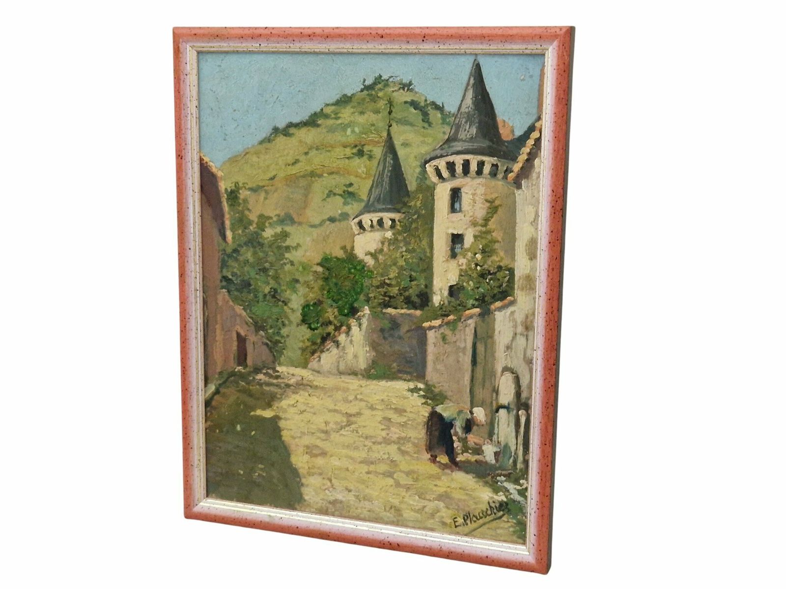 French Chateau Oil Painting By Edouard Plauchier With Laundry Washer, Antique Country Wall Art Decor photo for sale