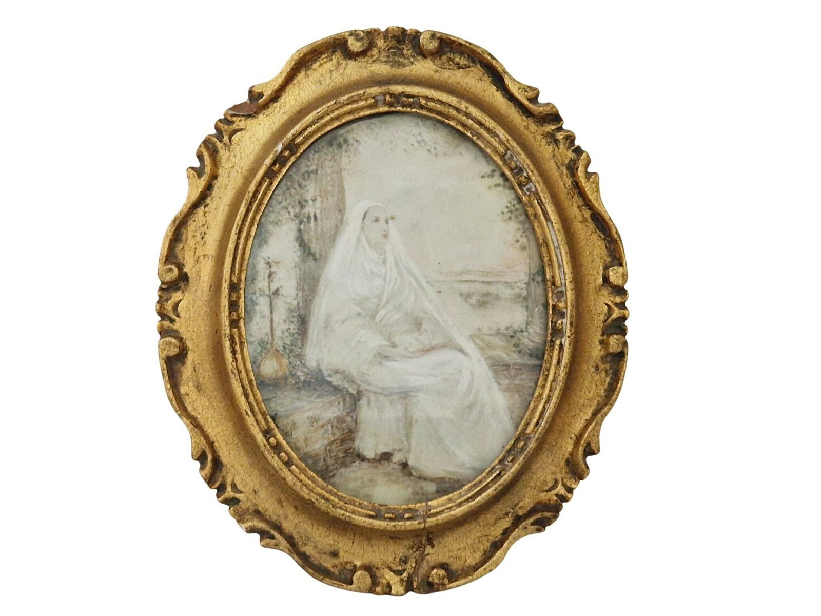Antique Contemplating Nun Portrait Painting, Hand Painted French Miniature Christian Art
