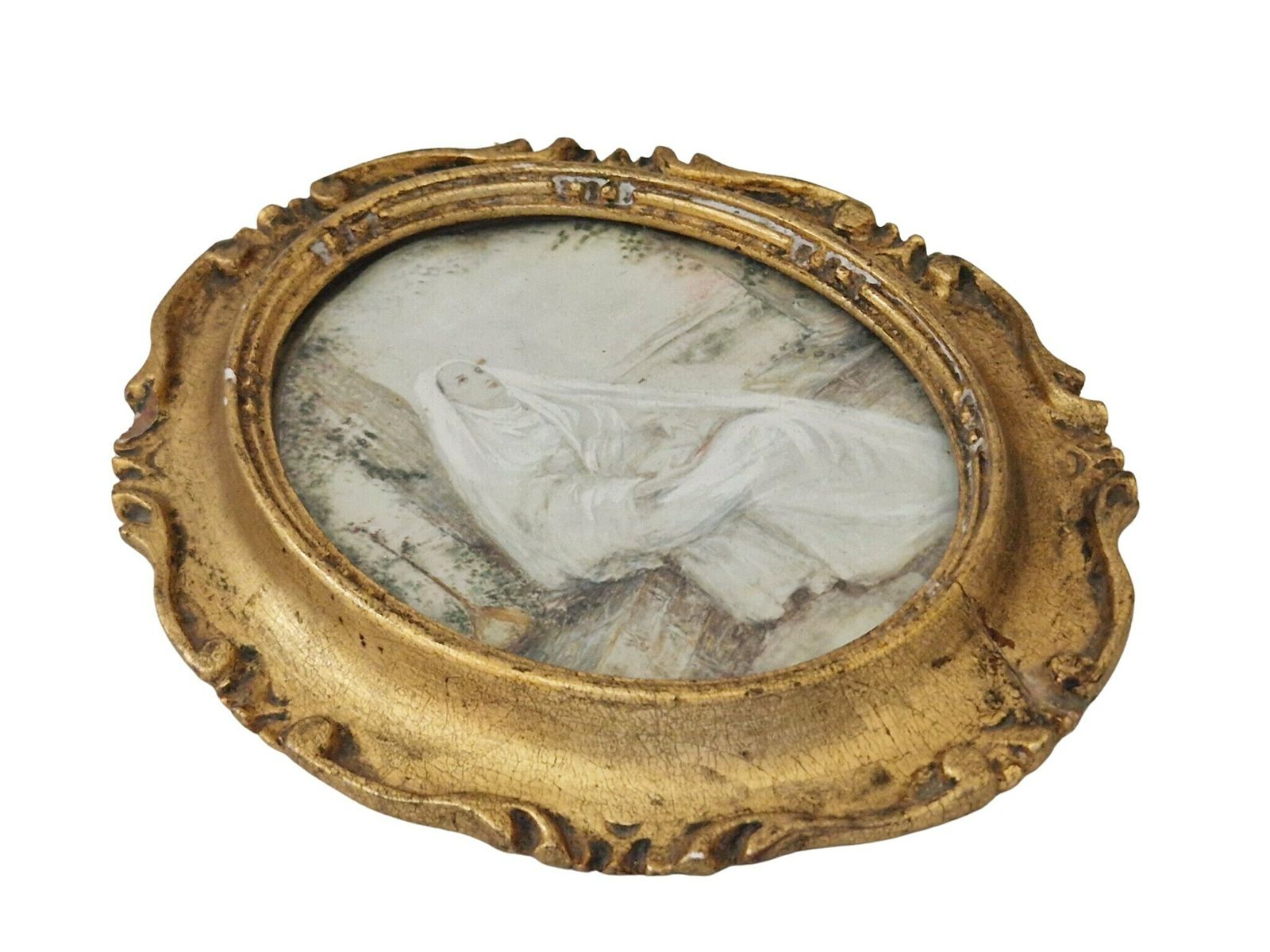 Antique Contemplating Nun Portrait Painting, Hand Painted French Miniature Christian Art photo furniture