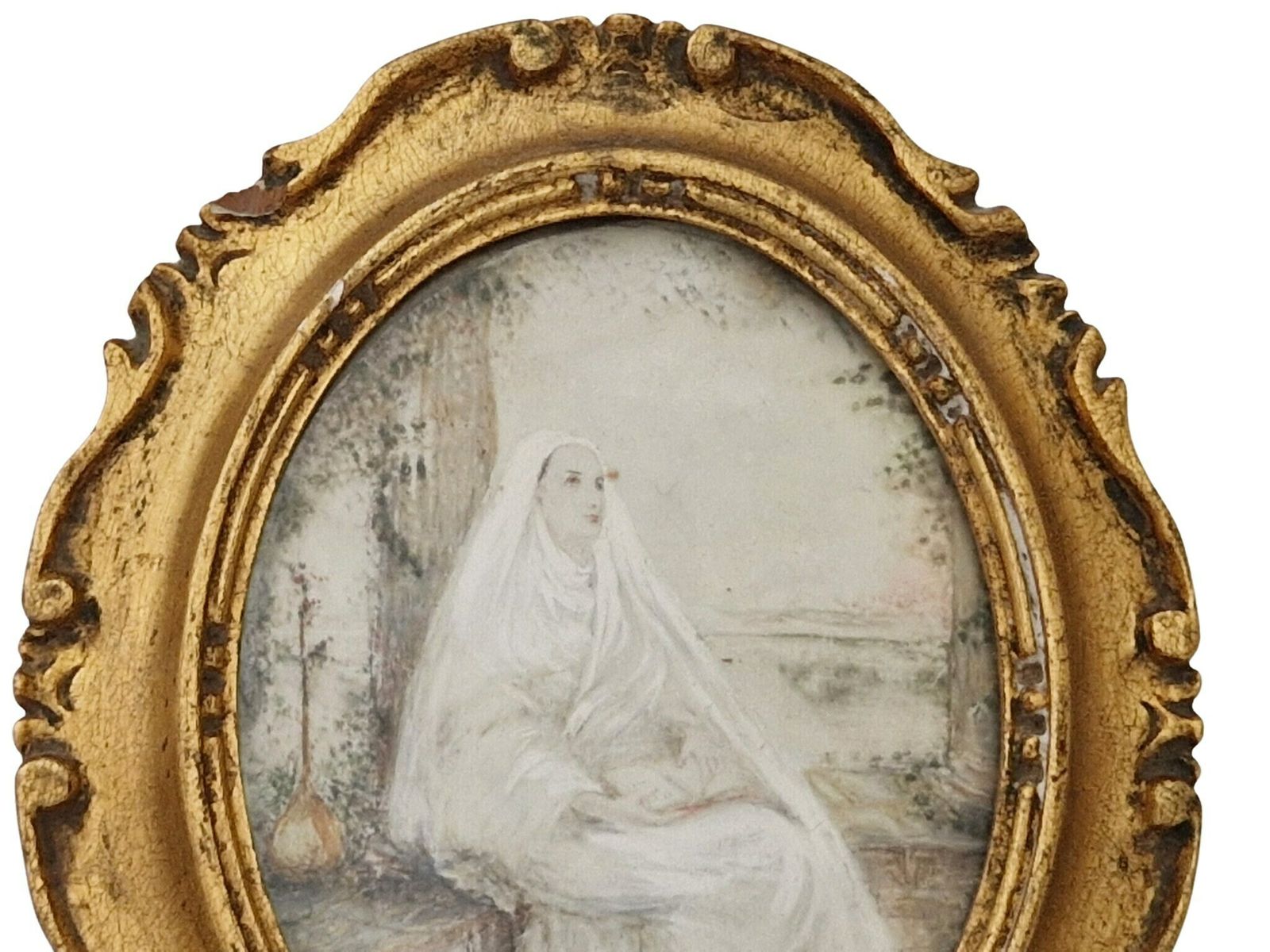 Antiek Portret Van Een Mediterende Non, Handgeschilderd Frans Miniatuur, Christelijke Kunst photo 200.0