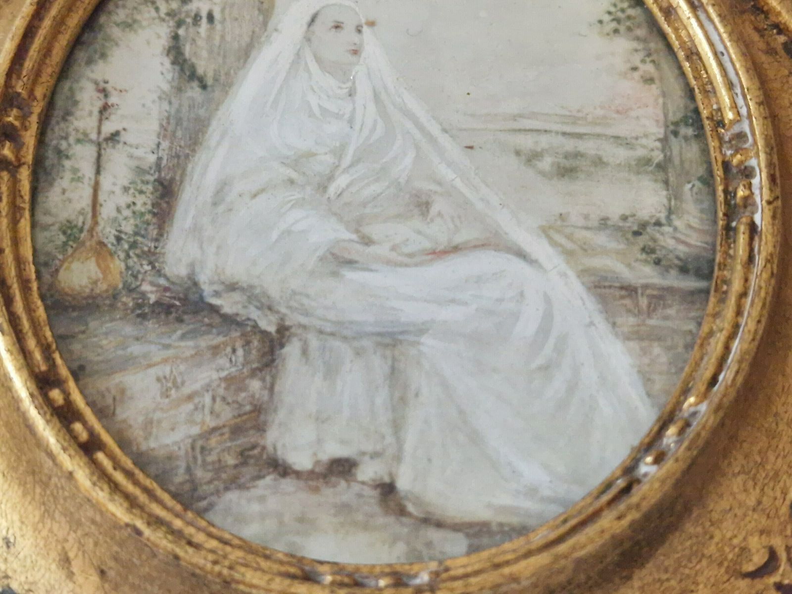 photo furniture Antique Contemplating Nun Portrait Painting, Hand Painted French Miniature Christian Art