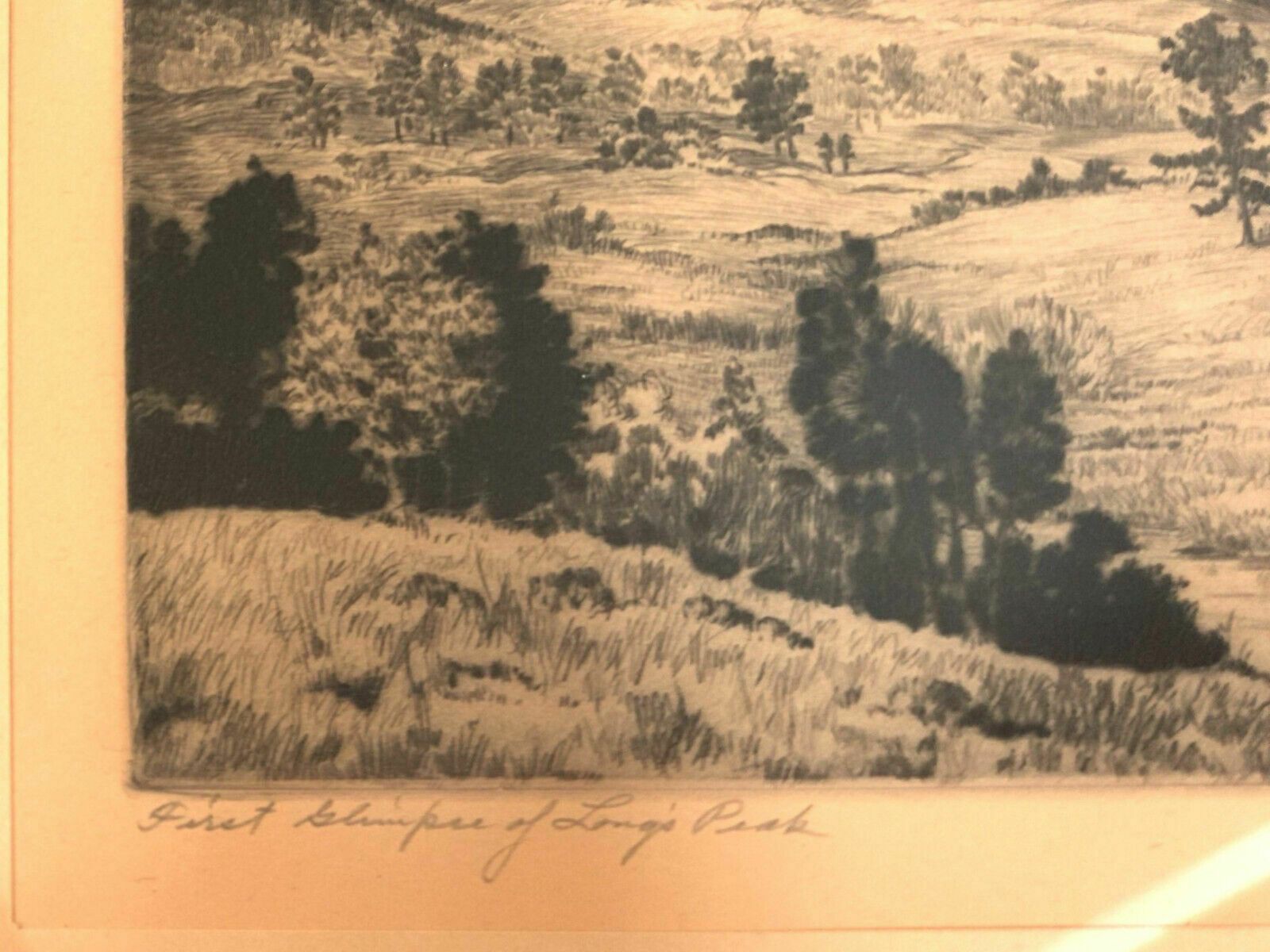 Etching By Lyman Byxbe. Titled, "First Glimpse Of Longs Peak" photo for sale