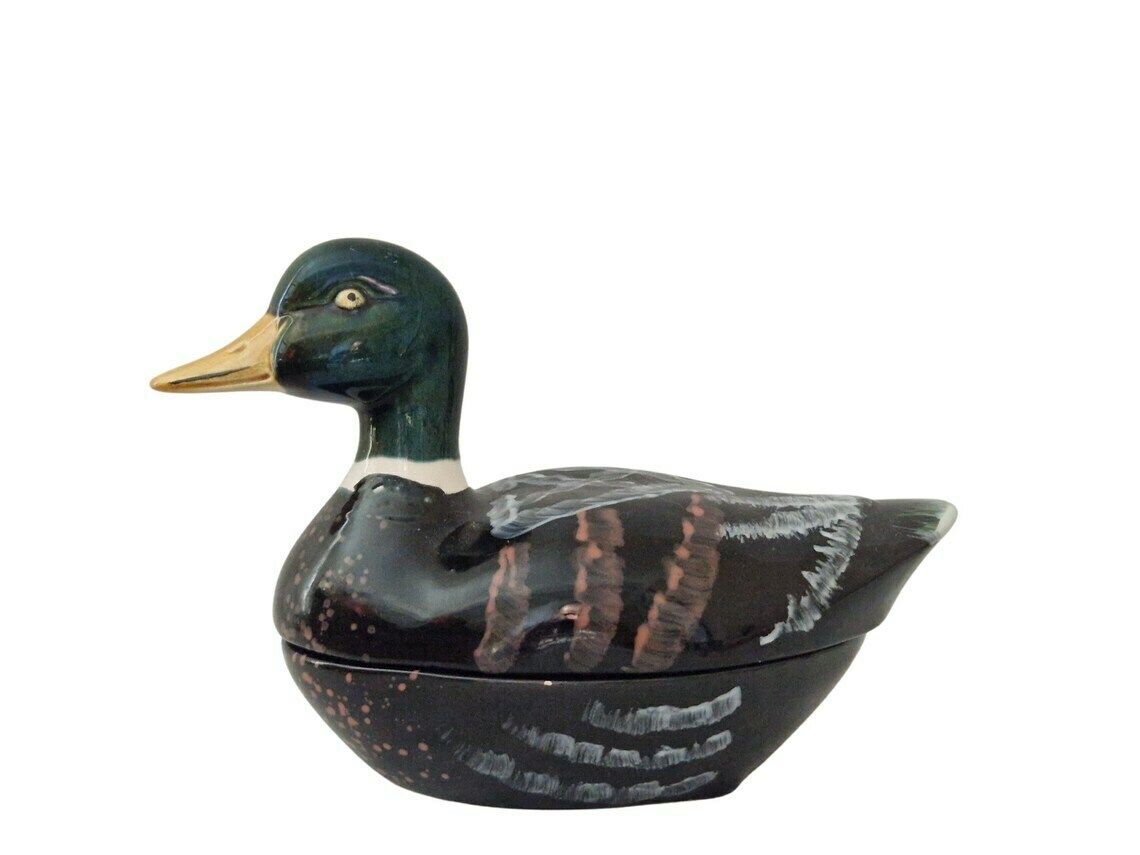 Mallard Duck Majolica Tureen By Michel Caugant French Foie Gras Terrine Woodland Table Decor