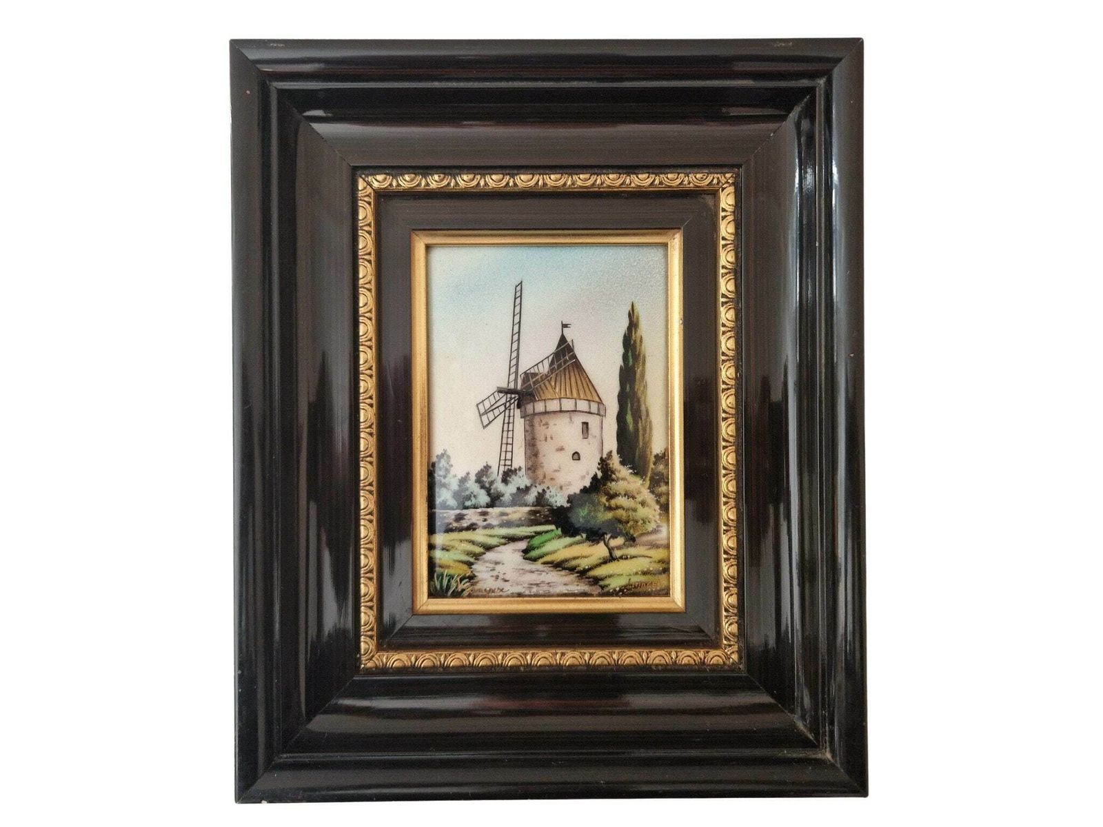 Hand Painted Limoges Enamel Painting With Daudet Windmill By Francoise, Framed Provence Landscape