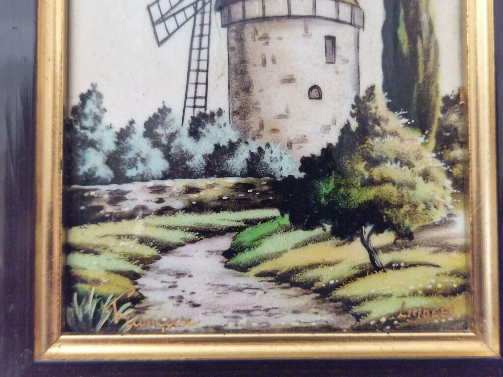 photo furniture Hand Painted Limoges Enamel Painting With Daudet Windmill By Francoise, Framed Provence Landscape