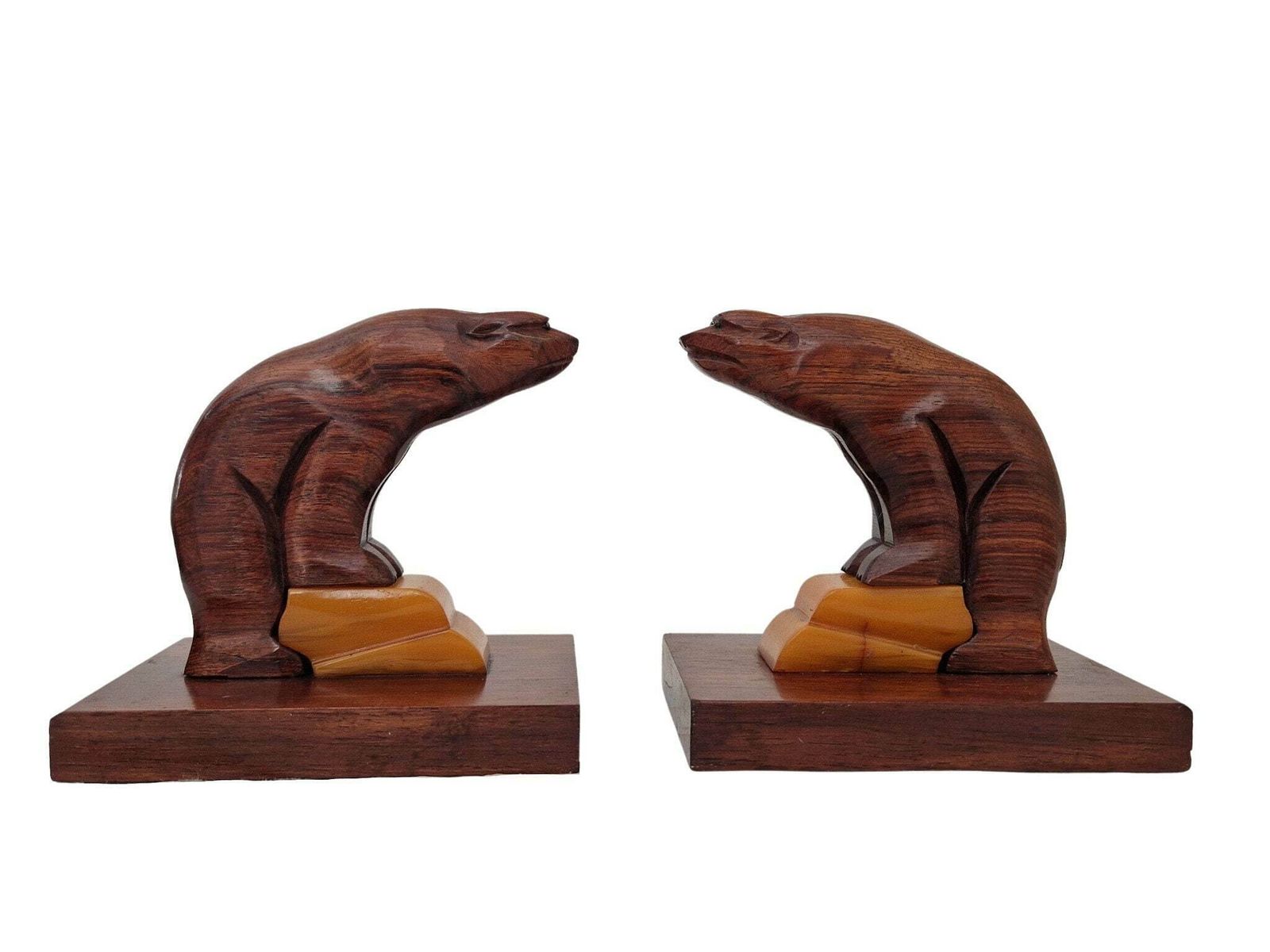 Art Deco Bakelite And Carved Wood Polar Bear Bookends
