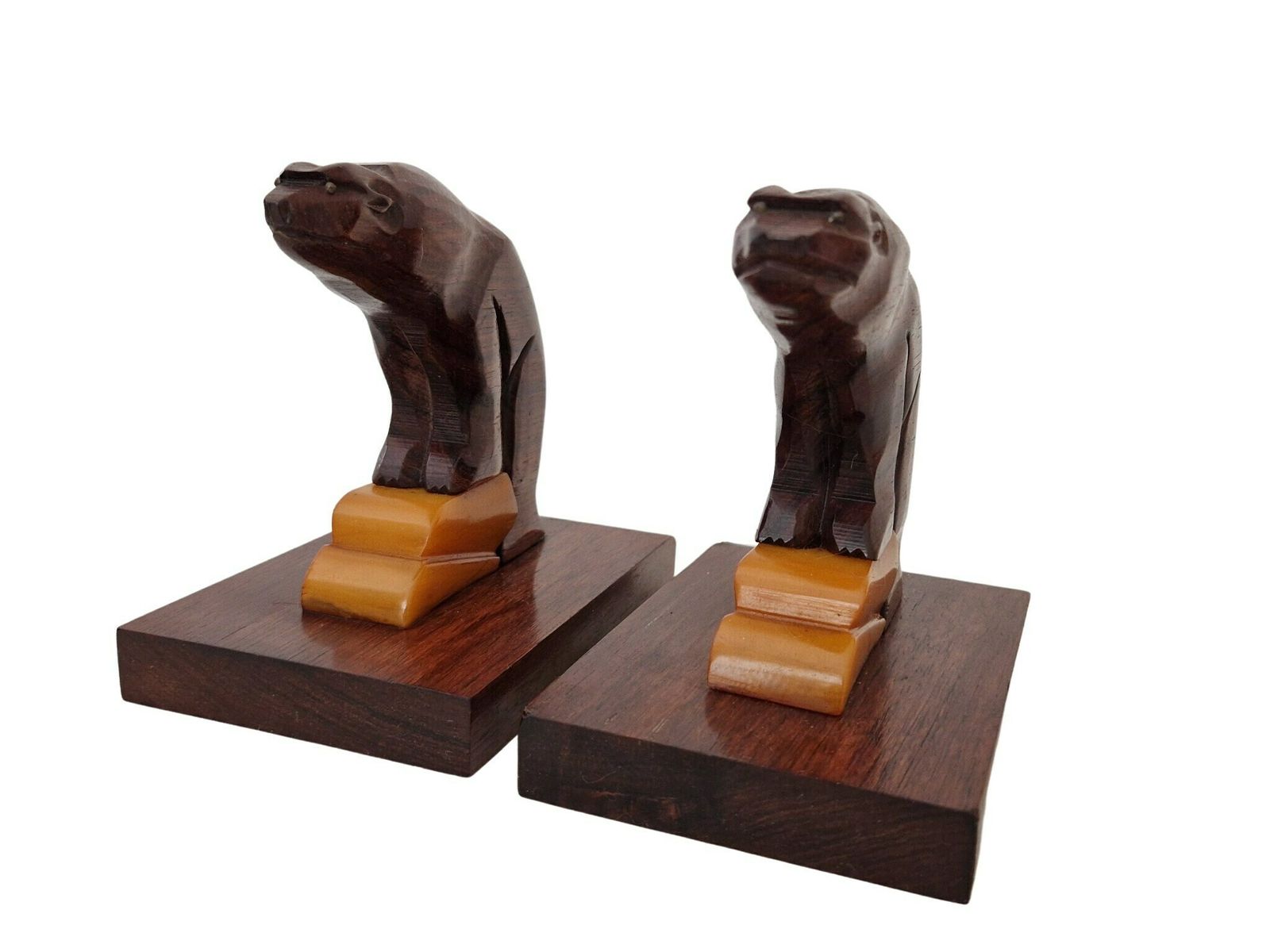 Art Deco Bakelite And Carved Wood Polar Bear Bookends photo for sale