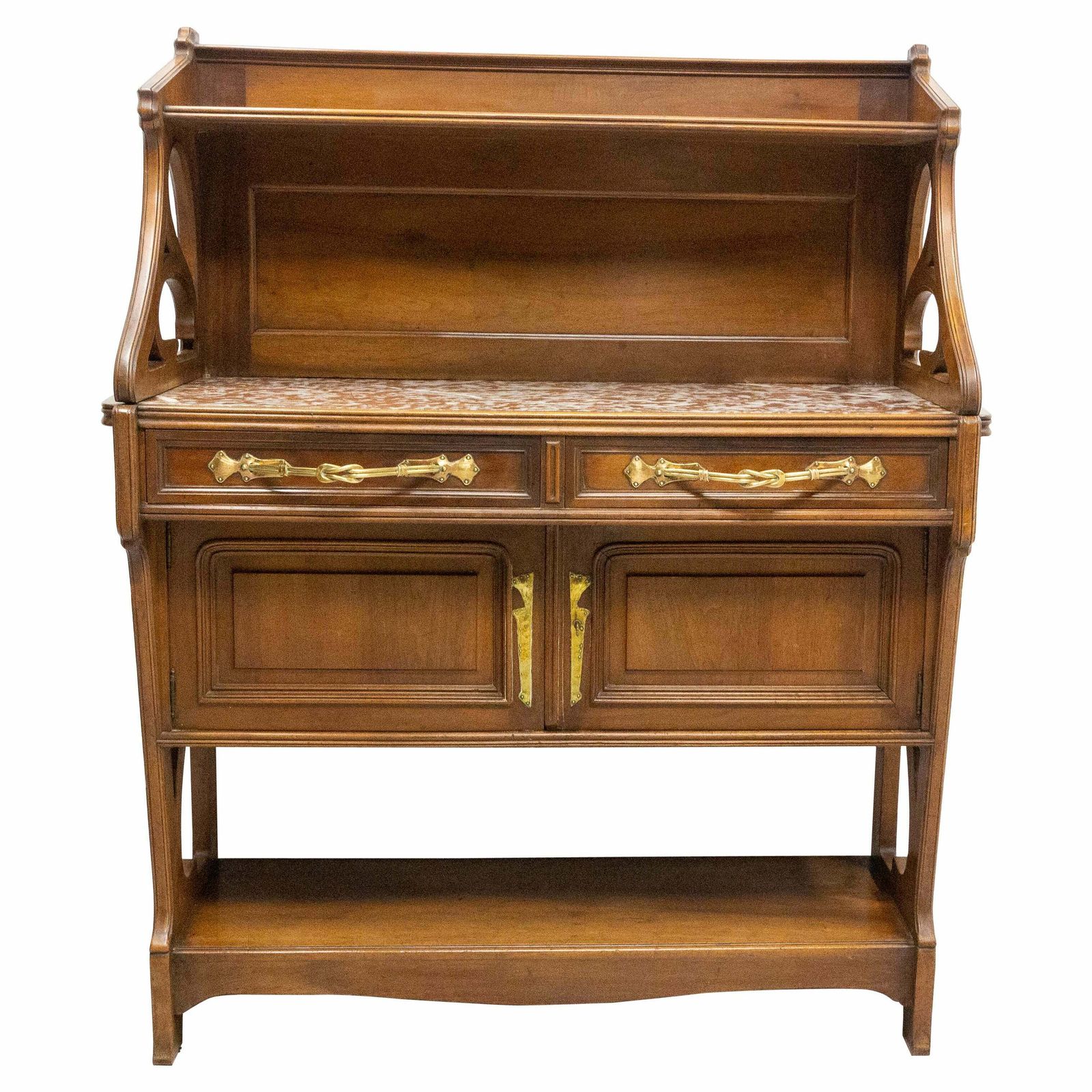 Art Nouveau Walnut, Marbre & Brass Console Or Little Buffet, French, Circa 1910