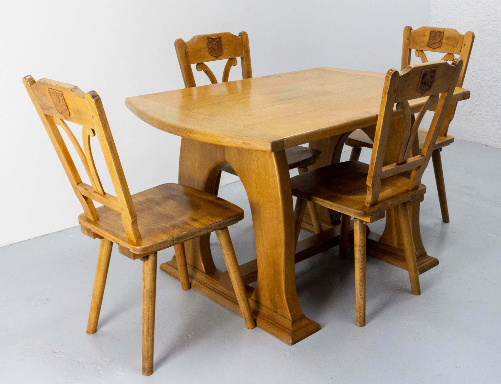 Set Of Table & Four Chairs In The Hunting Theme Oak, France, Mid 20th Century