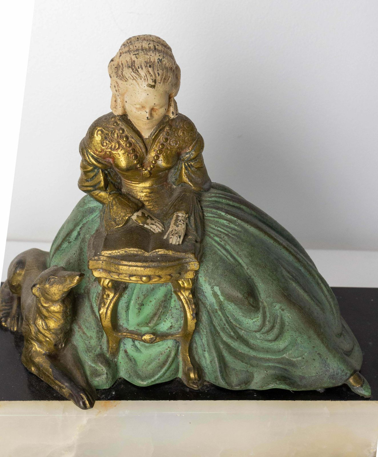 French Art Deco Onyx & Polychrome Spelter Reading Woman With Dog, Circa 1930 photo 849.0