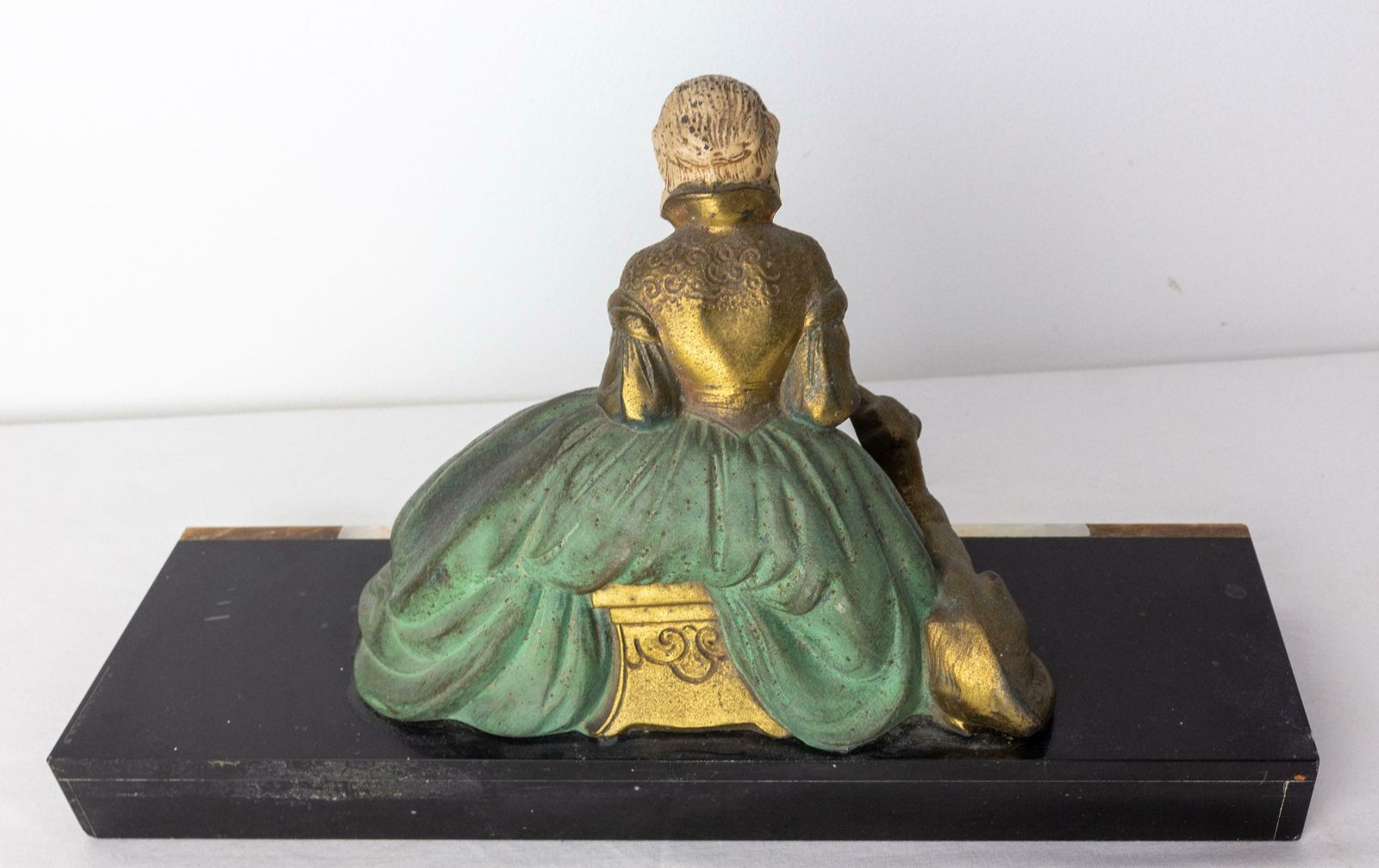 French Art Deco Onyx & Polychrome Spelter Reading Woman With Dog, Circa 1930 photo vinterior