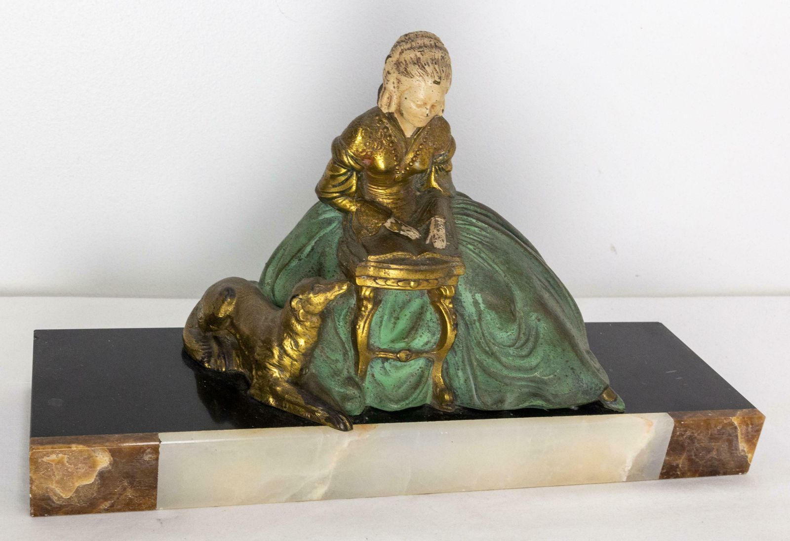 French Art Deco Onyx & Polychrome Spelter Reading Woman With Dog, Circa 1930 photo buy