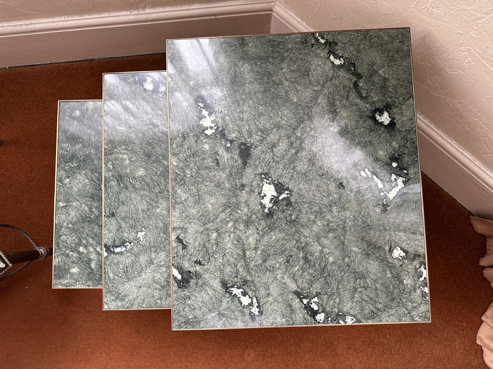 Set Of Three Nesting Mid Century Marble Top, Decorative Brass Legged Tables photo for sale