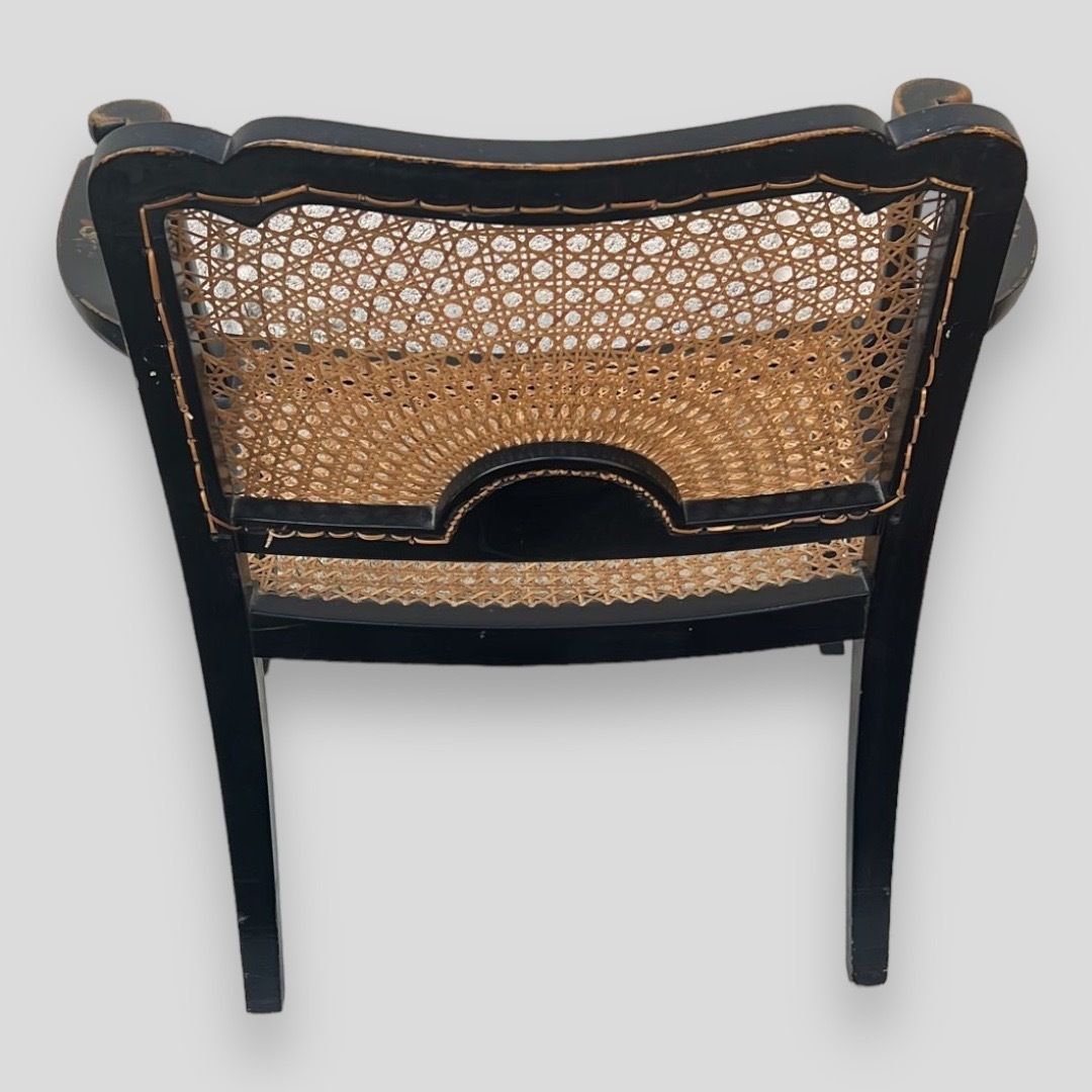 Chinoiserie Decorated Black Lacquered And Bergere Panelled Bedroom Chair photo for sale