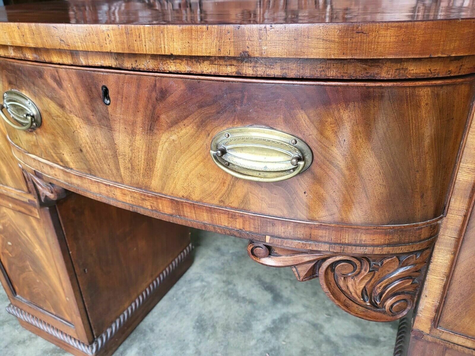 Antique William IV Mahogany Bow Break Front Carved Sideboard Wine Rack Drawers photo vintage