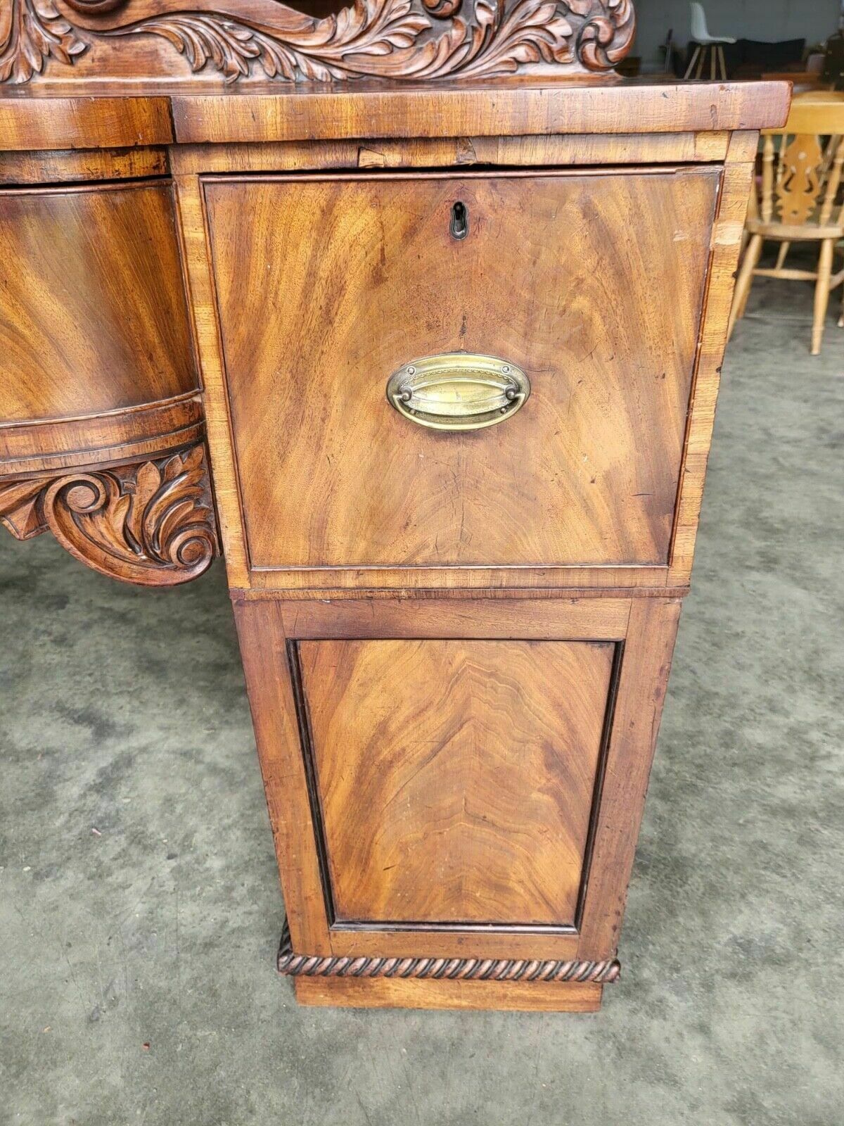 photo furniture Antique William IV Mahogany Bow Break Front Carved Sideboard Wine Rack Drawers
