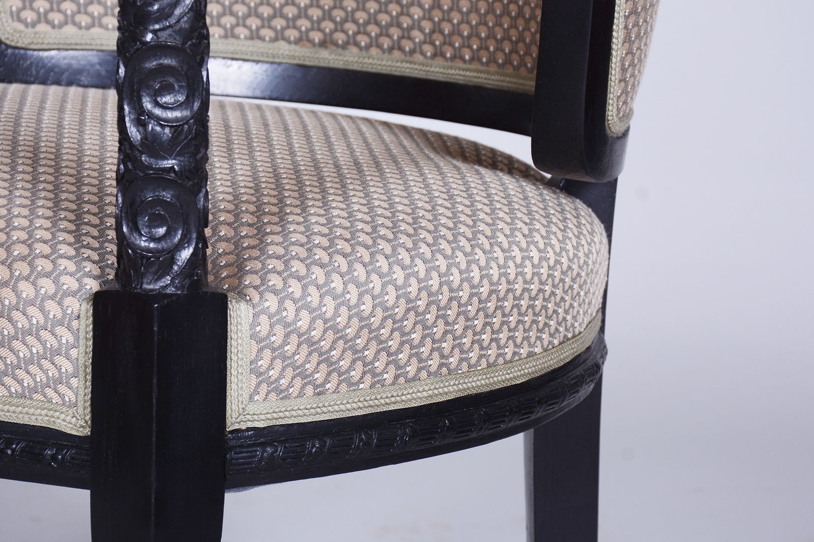 photo furniture Restored Art Nouveau Seating Set, Stained Oak, New Upholstery, Austria, 1910s