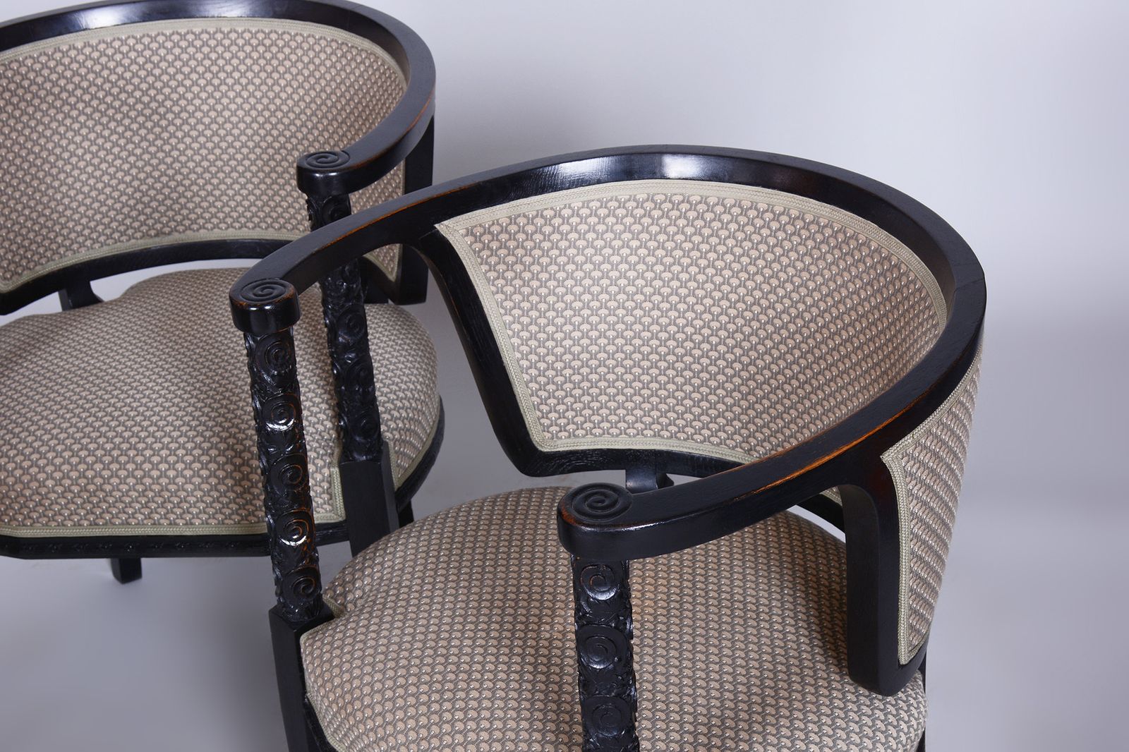 photo buy Restored Art Nouveau Seating Set, Stained Oak, New Upholstery, Austria, 1910s