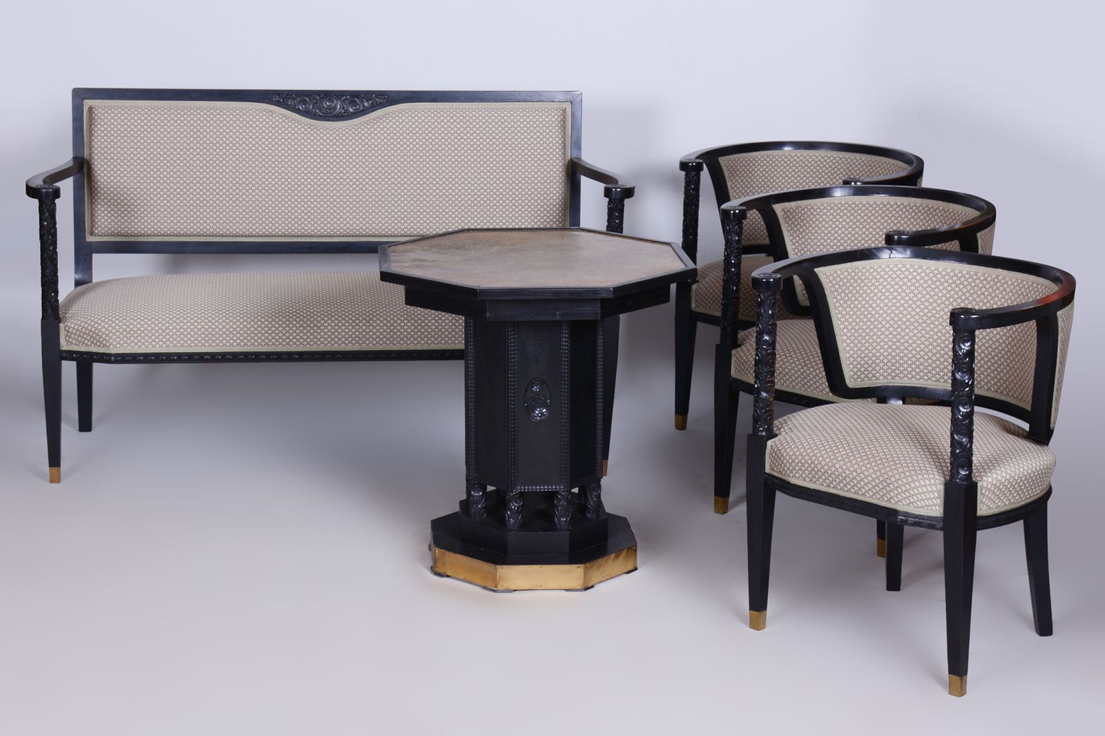 photo vintage Restored Art Nouveau Seating Set, Stained Oak, New Upholstery, Austria, 1910s