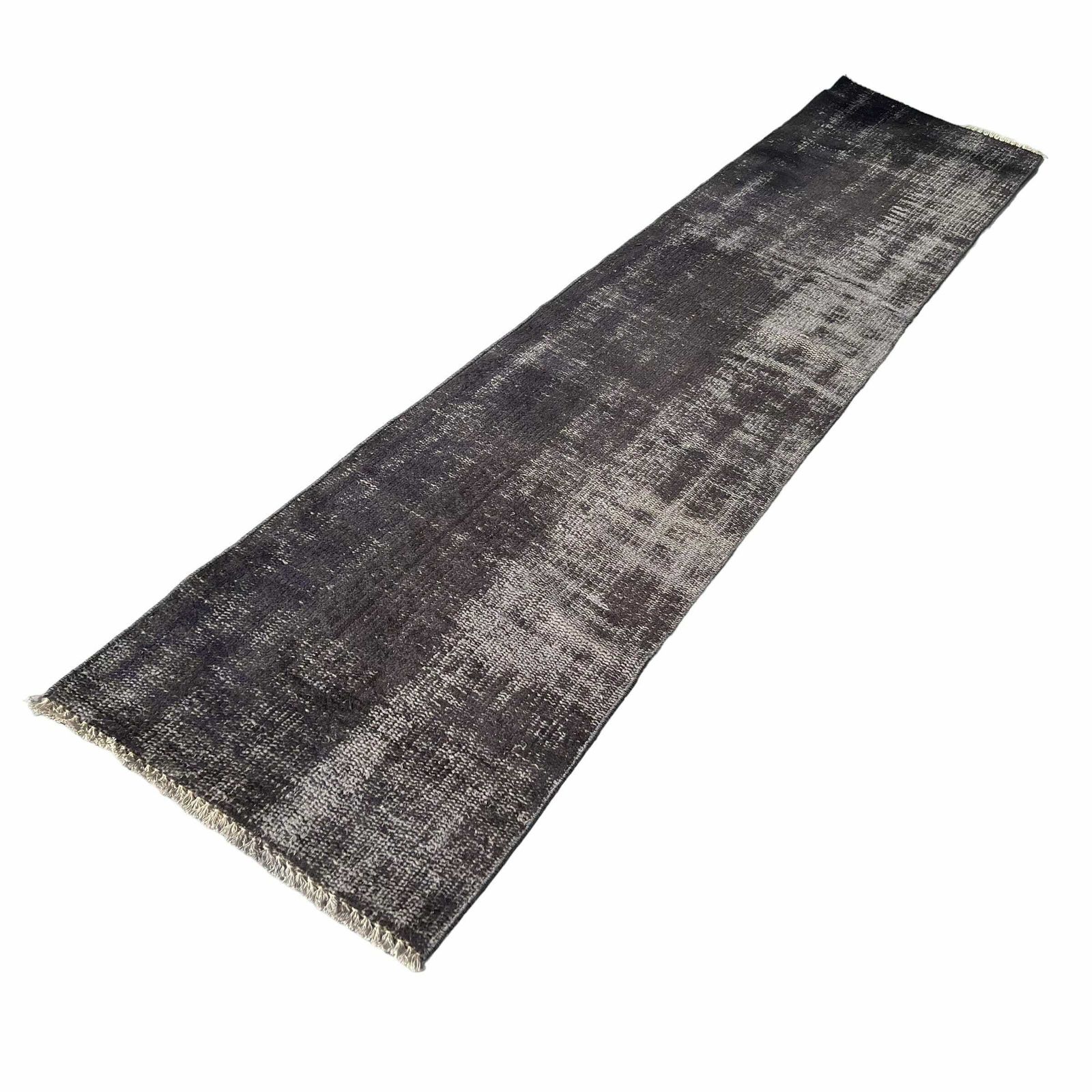 Distressed Turkish Narrow Runner  Wool Vintage Rug, Over Dyed Black photo vinterior