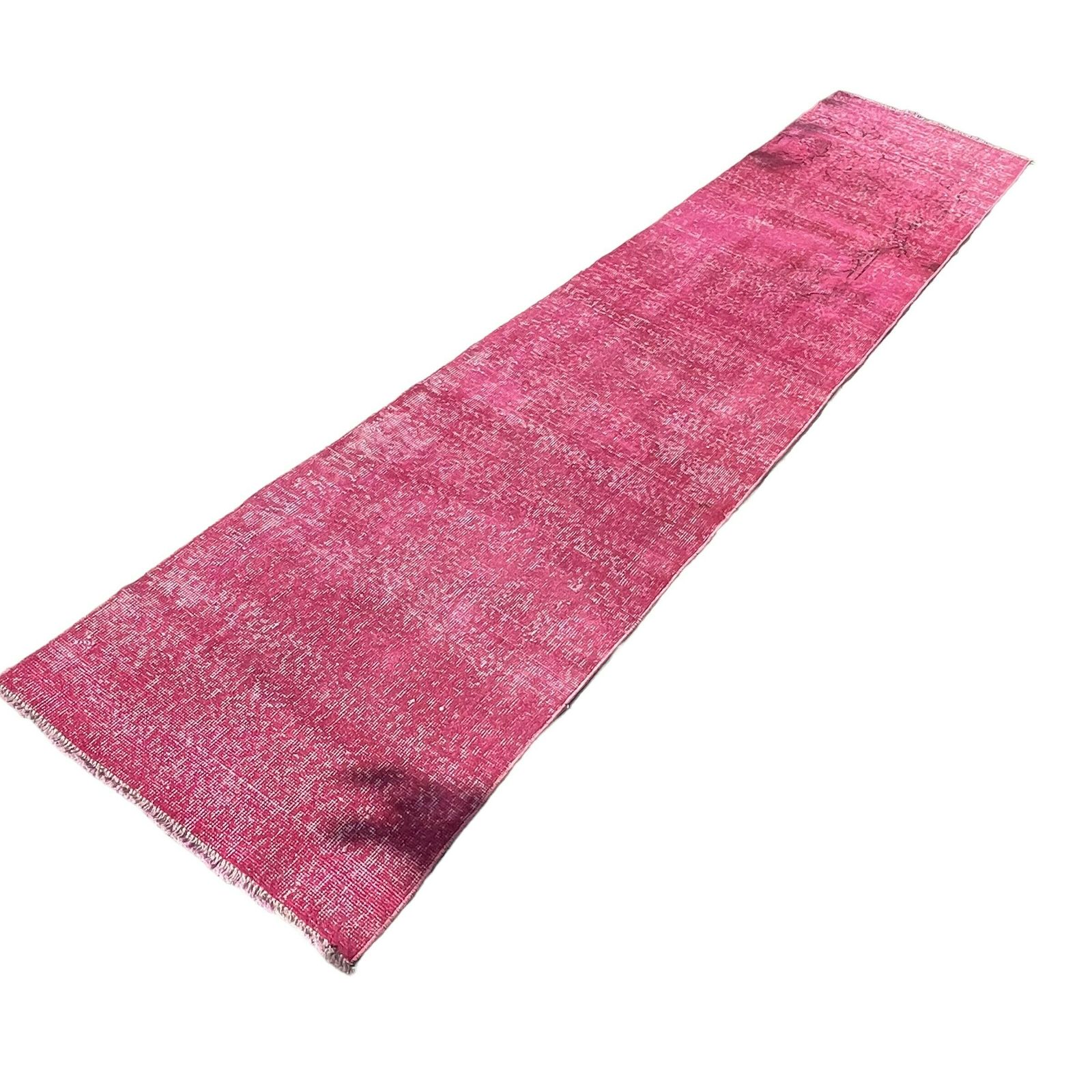 Distressed Turkish Narrow Runner Wool Vintage Rug, Over Dyed Pink 330 X 70 Cm photo 467.0