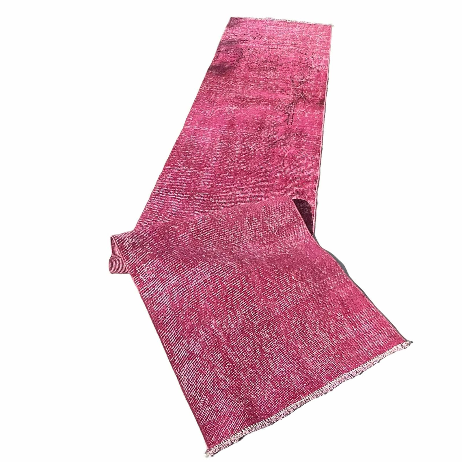 Distressed Turkish Narrow Runner Wool Vintage Rug, Over Dyed Pink 330 X 70 Cm photo vinterior