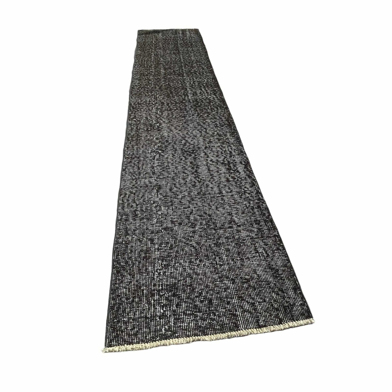 Distressed Turkish Narrow Runner Wool Vintage Rug, Over Dyed Black photo vintage