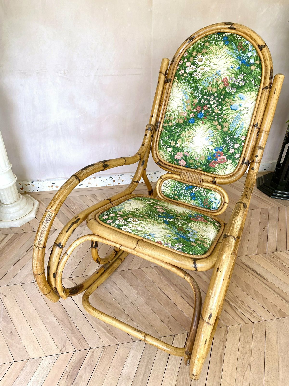 Mid Century Bamboo & Floral Print Upholstered Rocking Chair photo Furniture