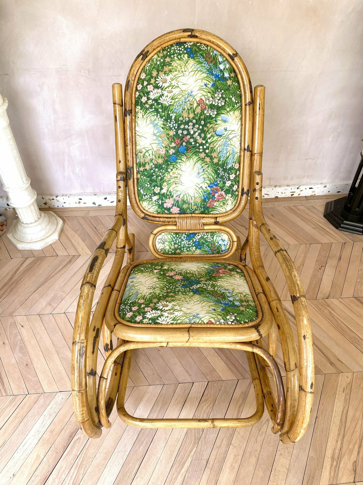 Mid Century Bamboo & Floral Print Upholstered Rocking Chair photo 432.0