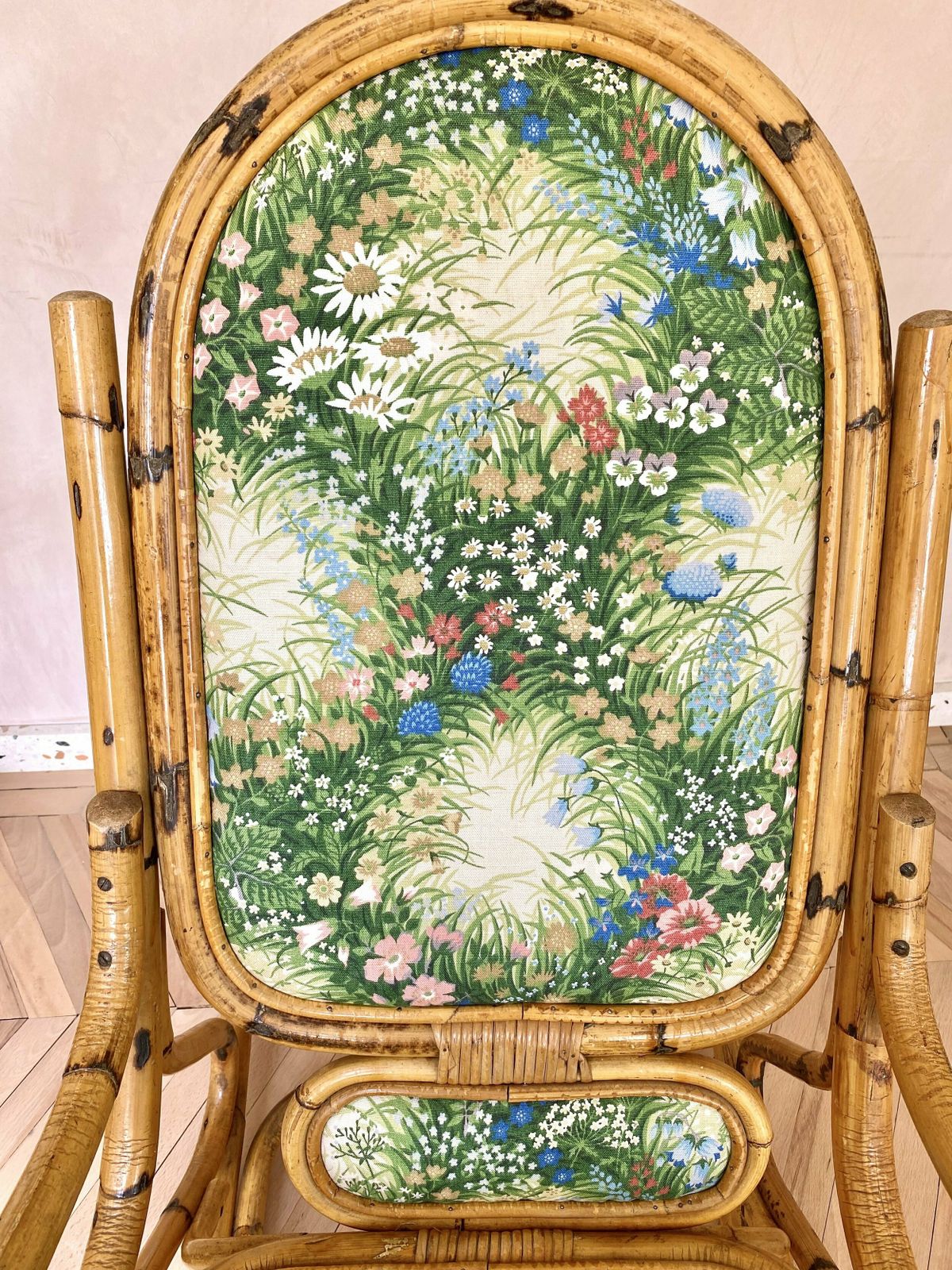 Mid Century Bamboo & Floral Print Upholstered Rocking Chair photo vinterior