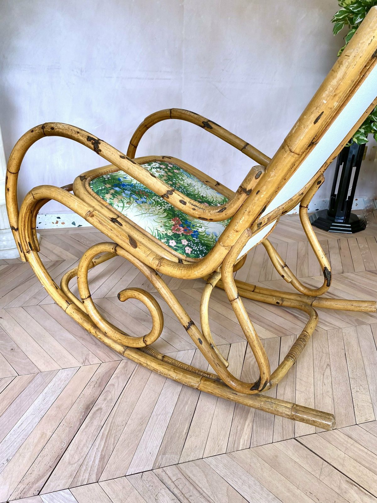 photo for sale Mid Century Bamboo & Floral Print Upholstered Rocking Chair