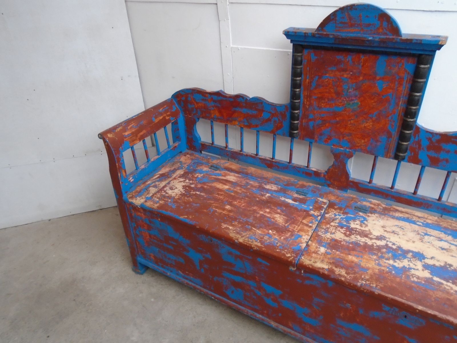 A Totally Original Early Victorian Pine Painted Blue / Red 3 Seater Hungarian Bench photo furniture
