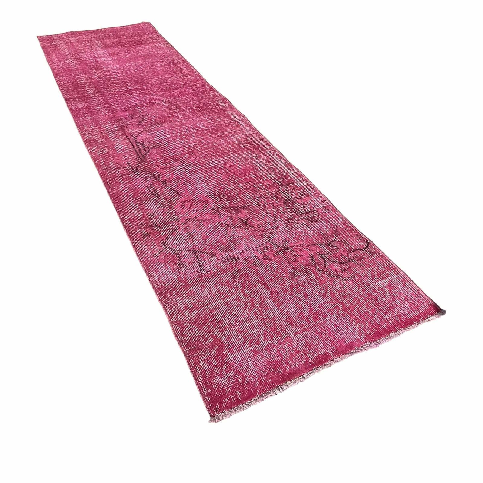 photo furniture Distressed Turkish Narrow Runner 278 X 68 Cm Wool Vintage Rug, Over Dyed Pink