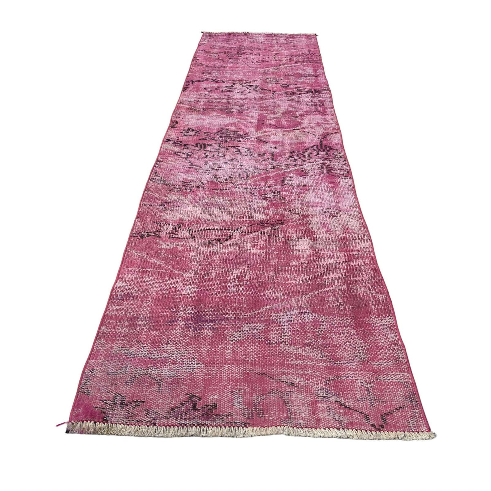 photo for sale Distressed Turkish Narrow Runner 260 X 66 Cm Wool Vintage Rug, Over Dyed Pink
