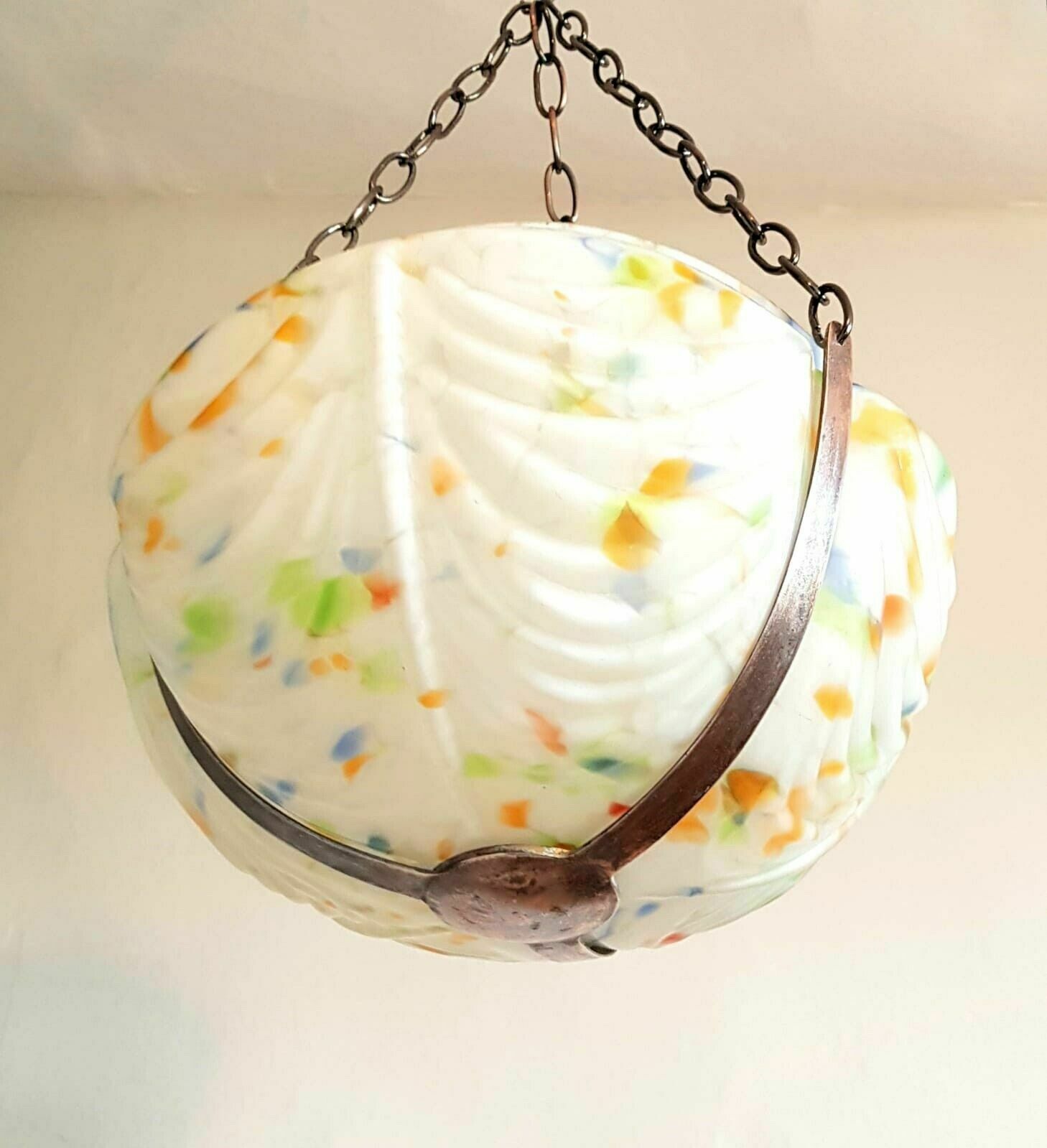 Large Art Deco Glass Bowl Shade Flycatcher Plaffonier Original Metal Cradle photo 225.0