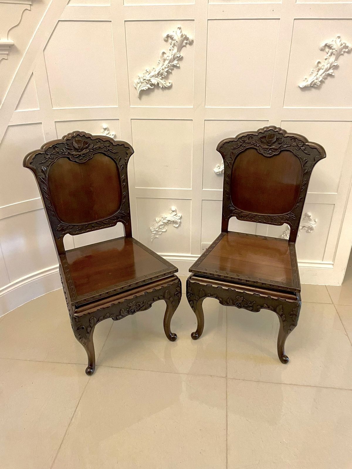 Fine Quality Pair Of Antique Carved Chinese Hall Chairs