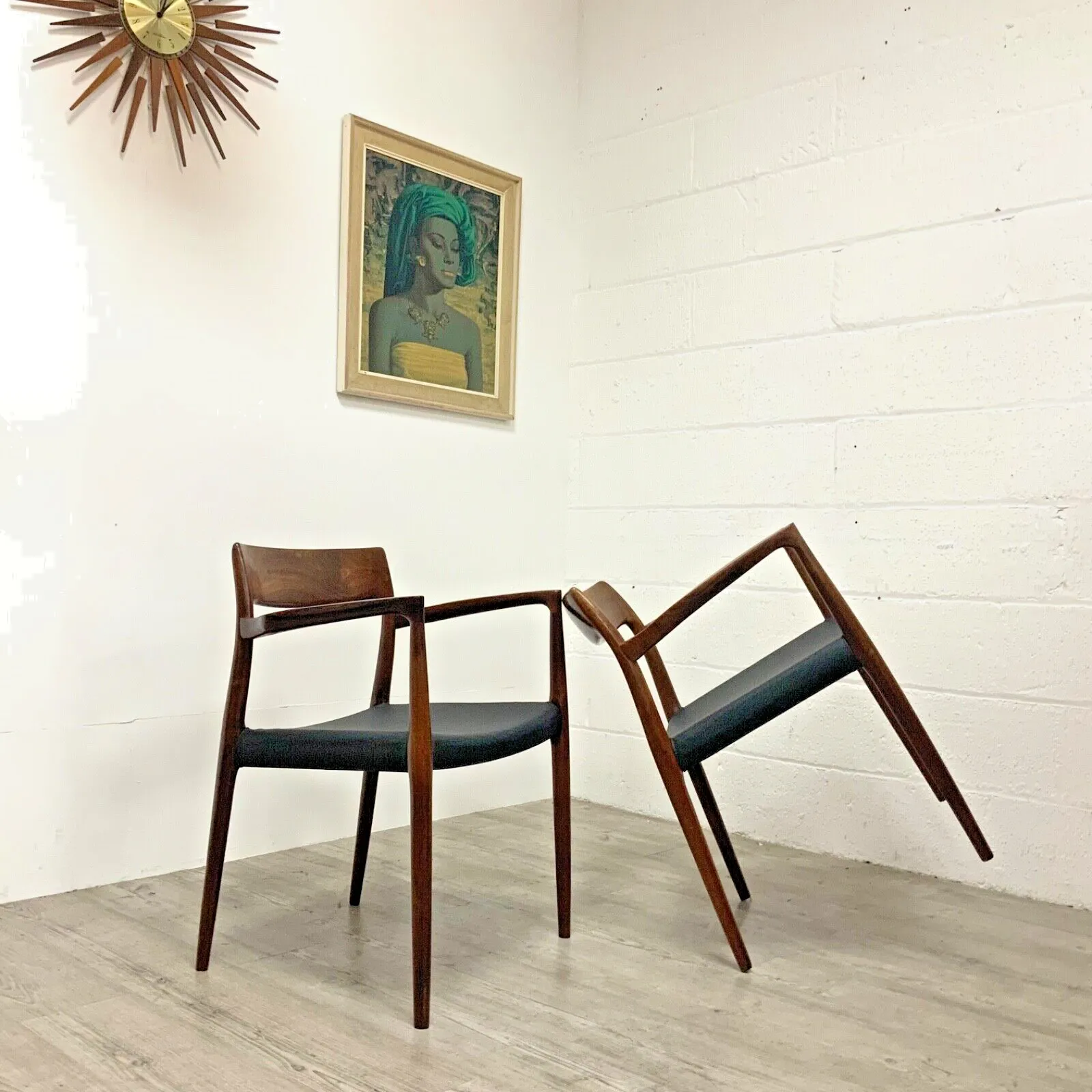 A Pair Of Niels Otto Moller Rosewood Model 57 Office Dining Chairs In Black Leather Rare