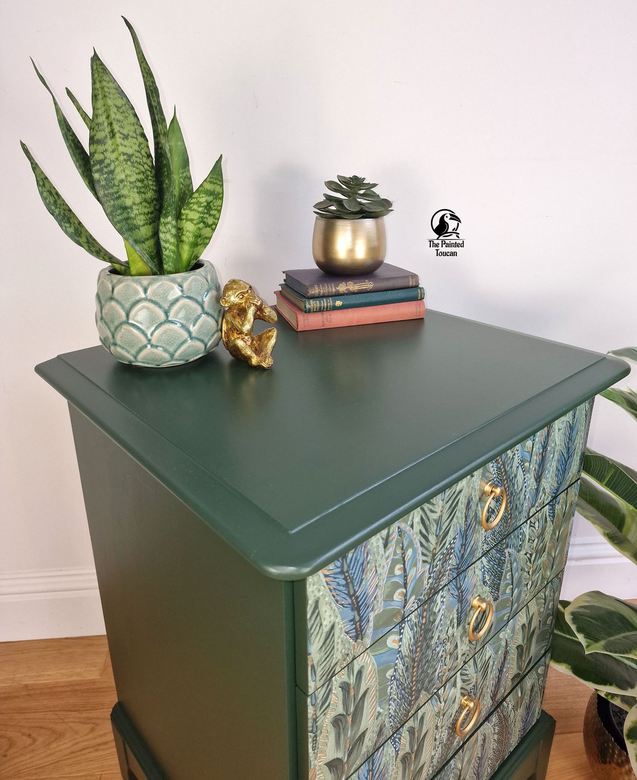 Green Stag Bedside Drawers With Leaf Decoupage Custom Order photo buy