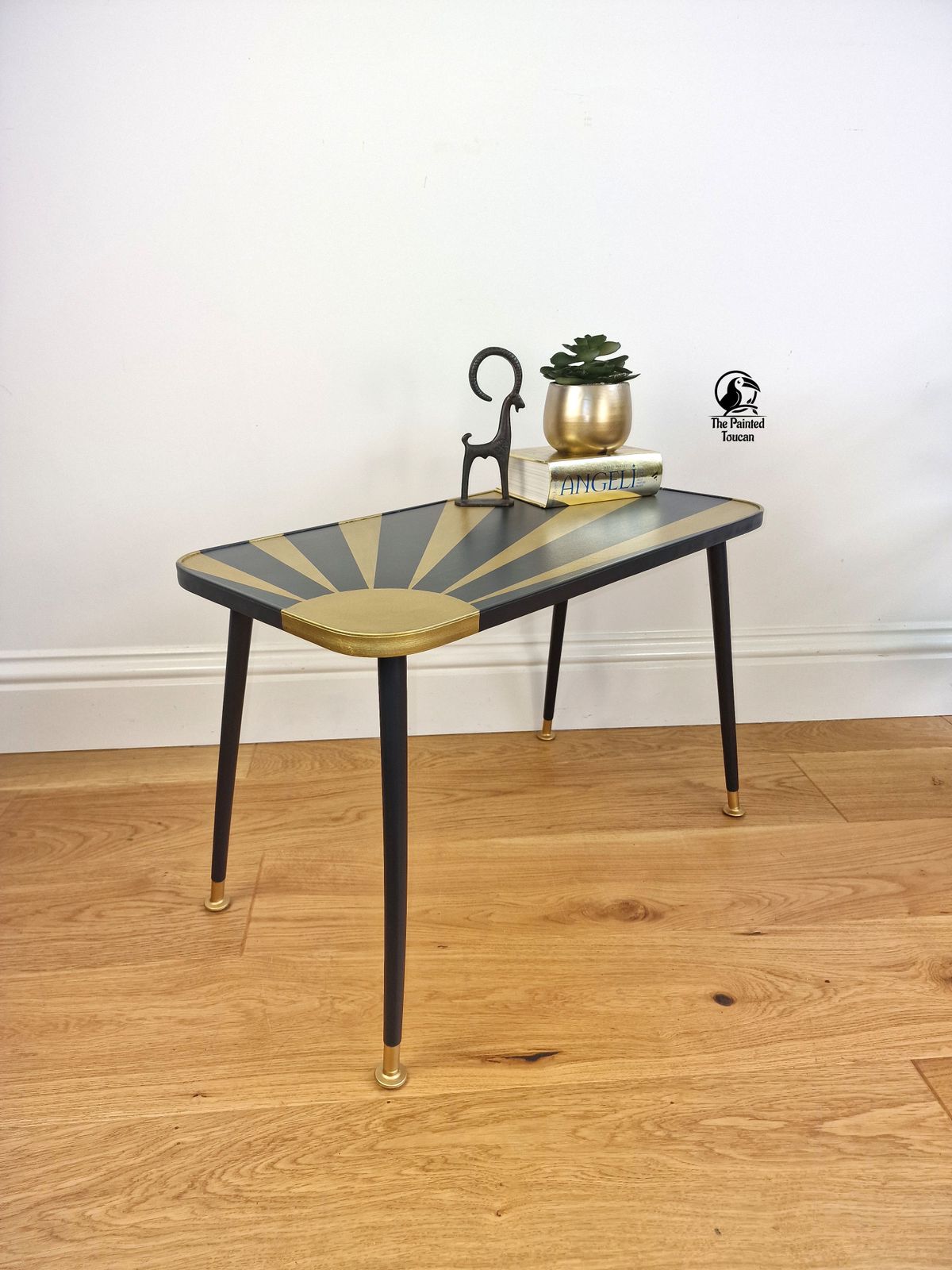 Vintage Mid Century Coffee Table Customised With Metalic Gold Sun photo furniture