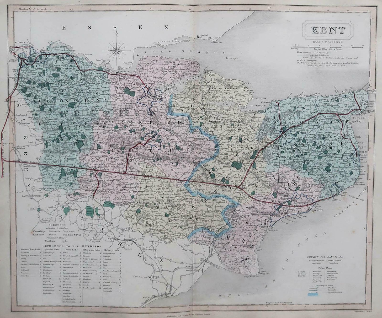 Original Antique English County Map, Kent. J & C Walker, 1851 photo furniture