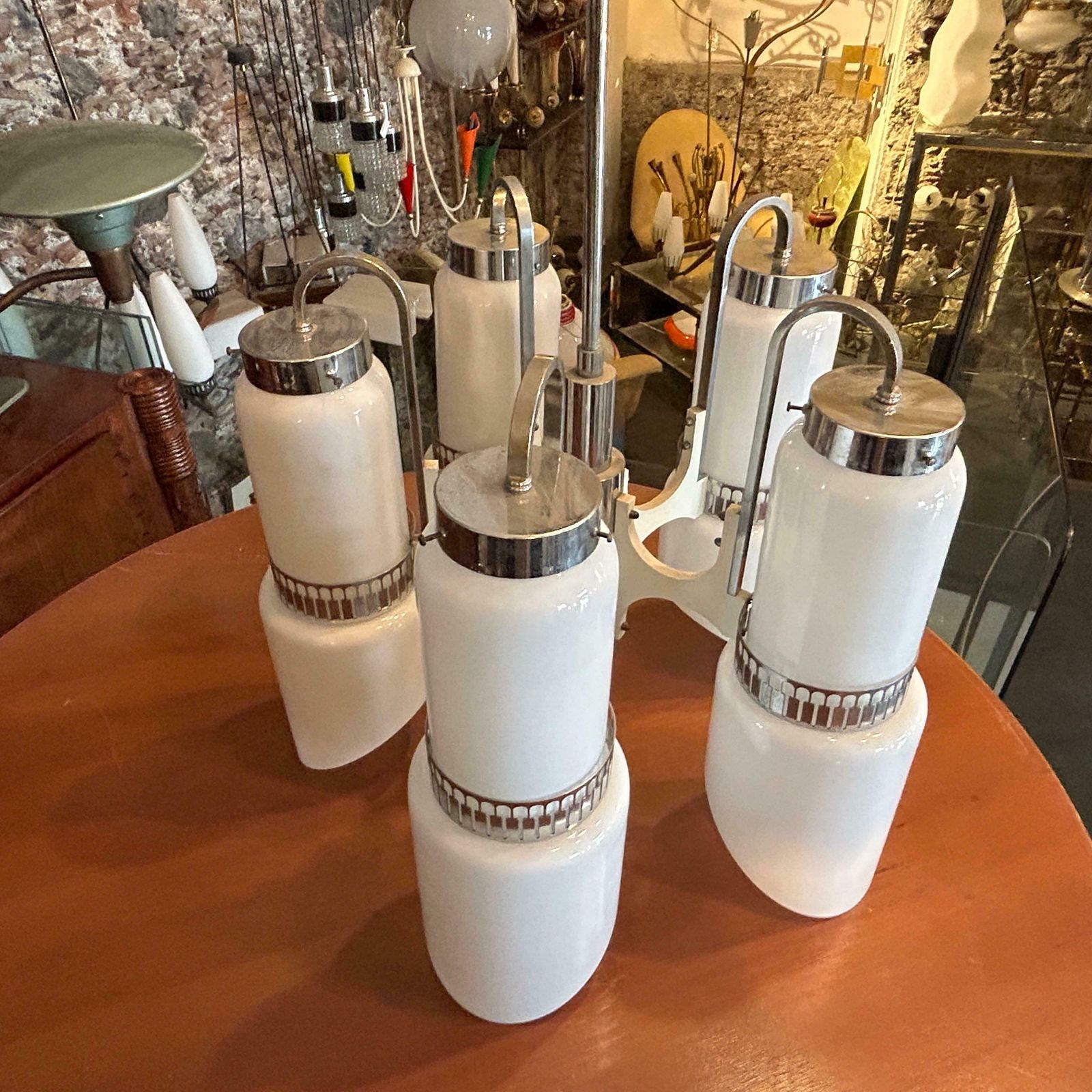 1970s Space Age White Glass Wood And Metal Chandelier By Gaetano Sciolari photo 2247.0