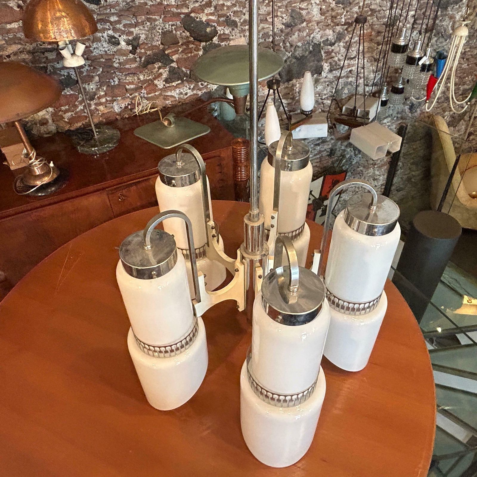photo furniture 1970s Space Age White Glass Wood And Metal Chandelier By Gaetano Sciolari