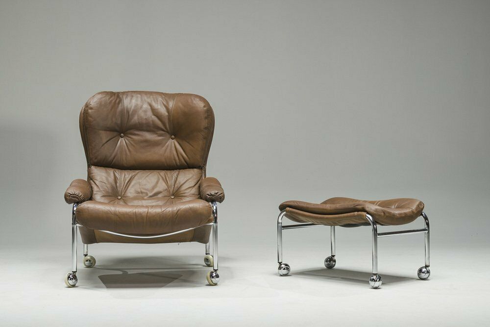 Swedish Chrome & Brown Leather Lounge Chair And Footstool From Scapa Rydaholm, 1960s, Set Of 2 photo 2130.0