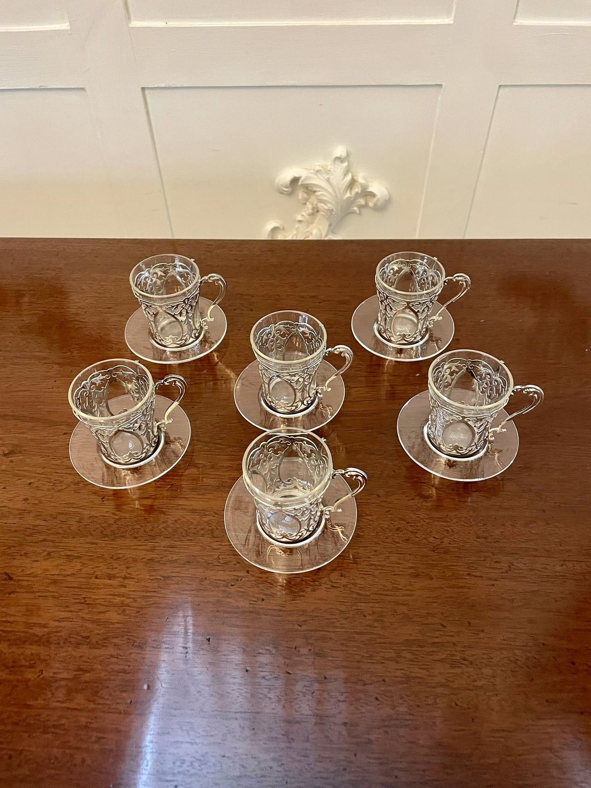 Fine Quality Set Of 6 Antique Solid Silver And Glass Coffee Cups