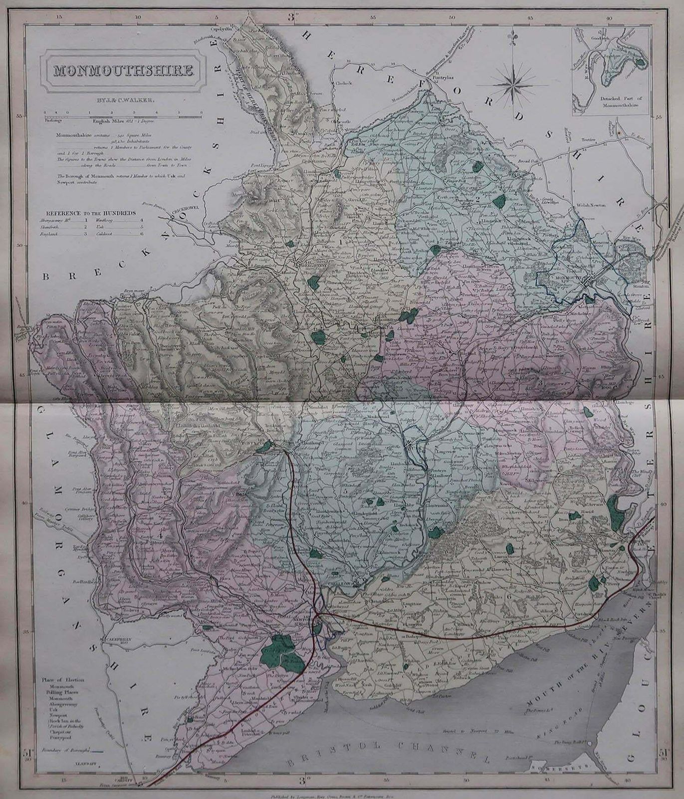 Original Antique English County Map   Monmouthshire. J & C Walker. 1851 photo furniture